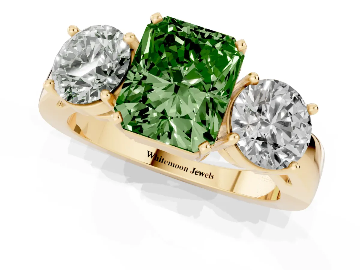 Fancy Green Three-Stone Radiant Cut Diamond Ring with Round Side Stones, Classic Band, and Four-Prong Setting Yellow gold