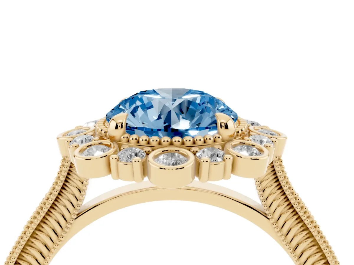 Fancy Blue Round Cut Halo Milgrain Pave Diamond Ring with Four-Prong Setting Yellow gold