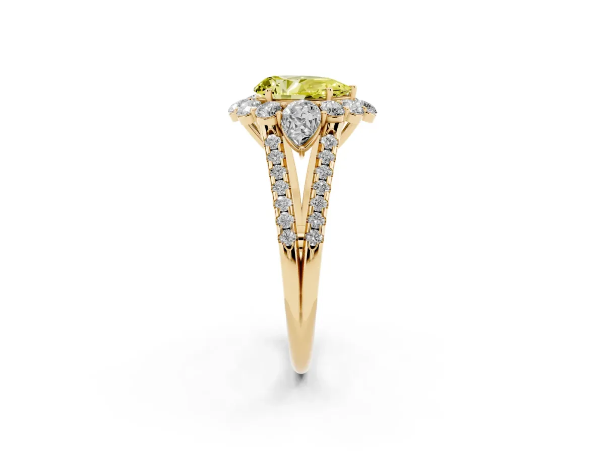 Fancy Yellow Pear Cut Halo Split Shank Diamond Engagement Ring with Prong Setting Yellow gold