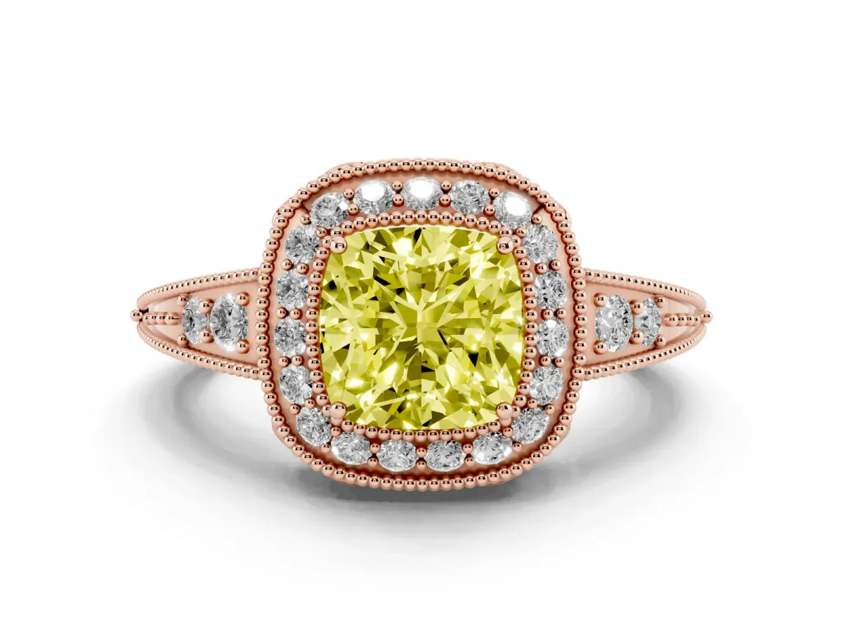 Fancy Yellow Cushion Cut Halo Diamond Split Shank Ring with Milgrain Detail Rose gold