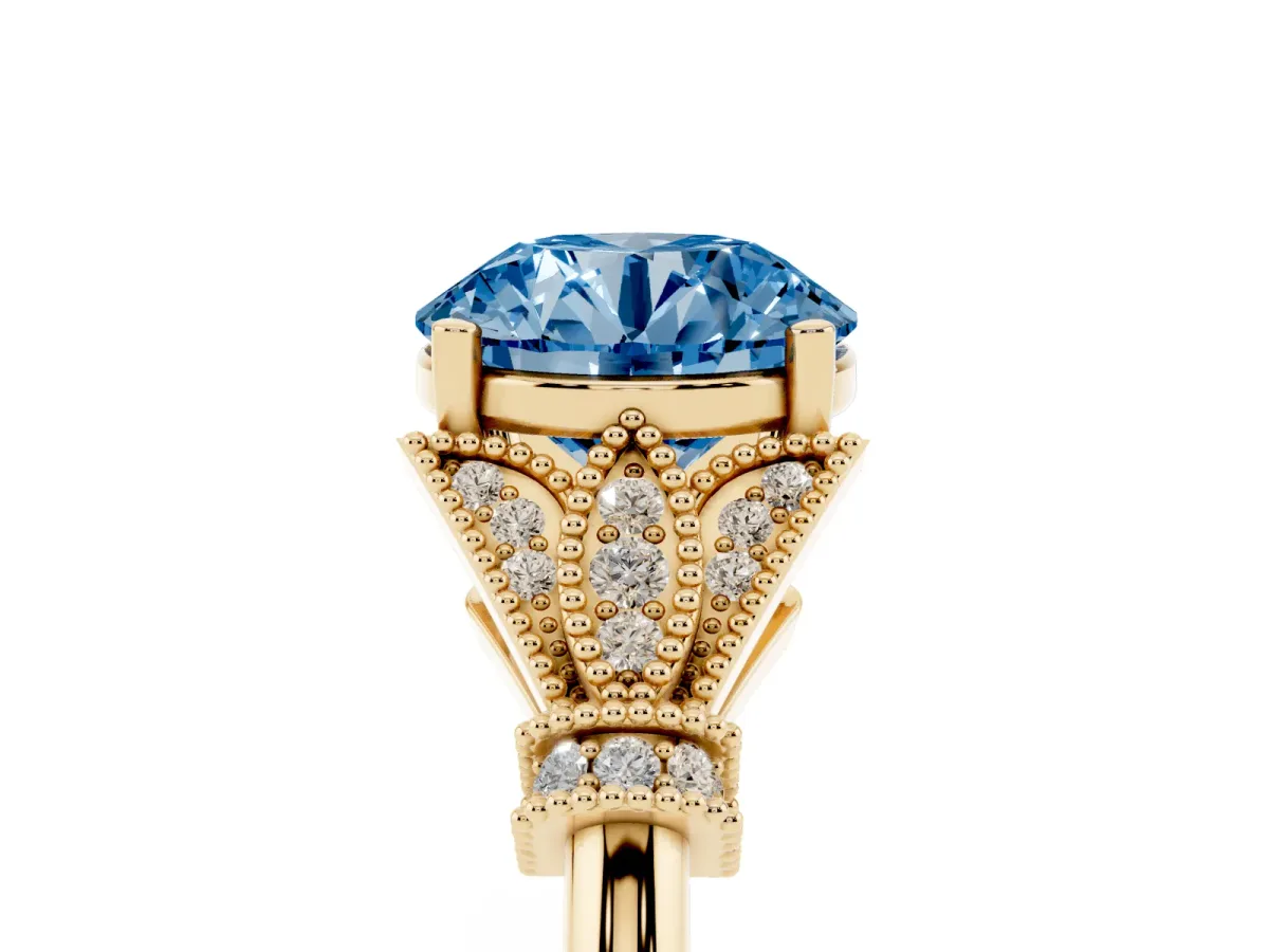Fancy Blue Round Cut Diamond Solitaire Ring with Floral Filigree and Pave Accents Yellow gold