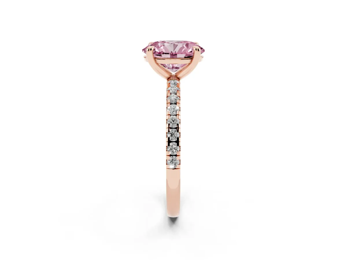 Fancy Pink Oval Cut Diamond Brilliant Solitaire Ring with Pavé Band and Four-Prong Setting Rose gold