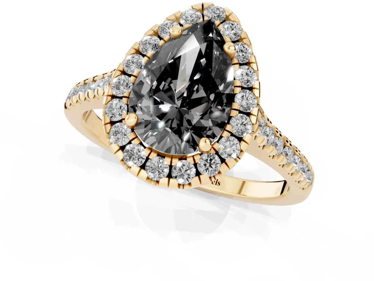 Fancy Black Pear Cut Diamond Cushion Halo Ring with Pavé Band Yellow gold
