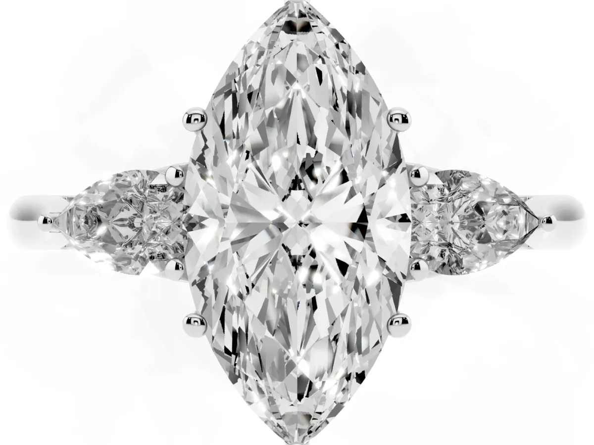 Three-Stone Marquise Cut Diamond Ring with Pear Side Stones in Four-Prong Setting Platinum