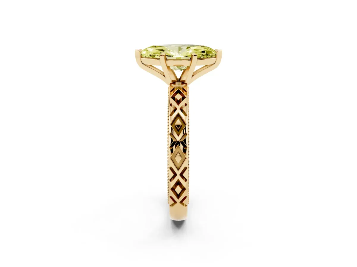Fancy Yellow Marquise Cut Solitaire Diamond Ring with Milgrain and Black Enamel X Pattern Band Yellow gold