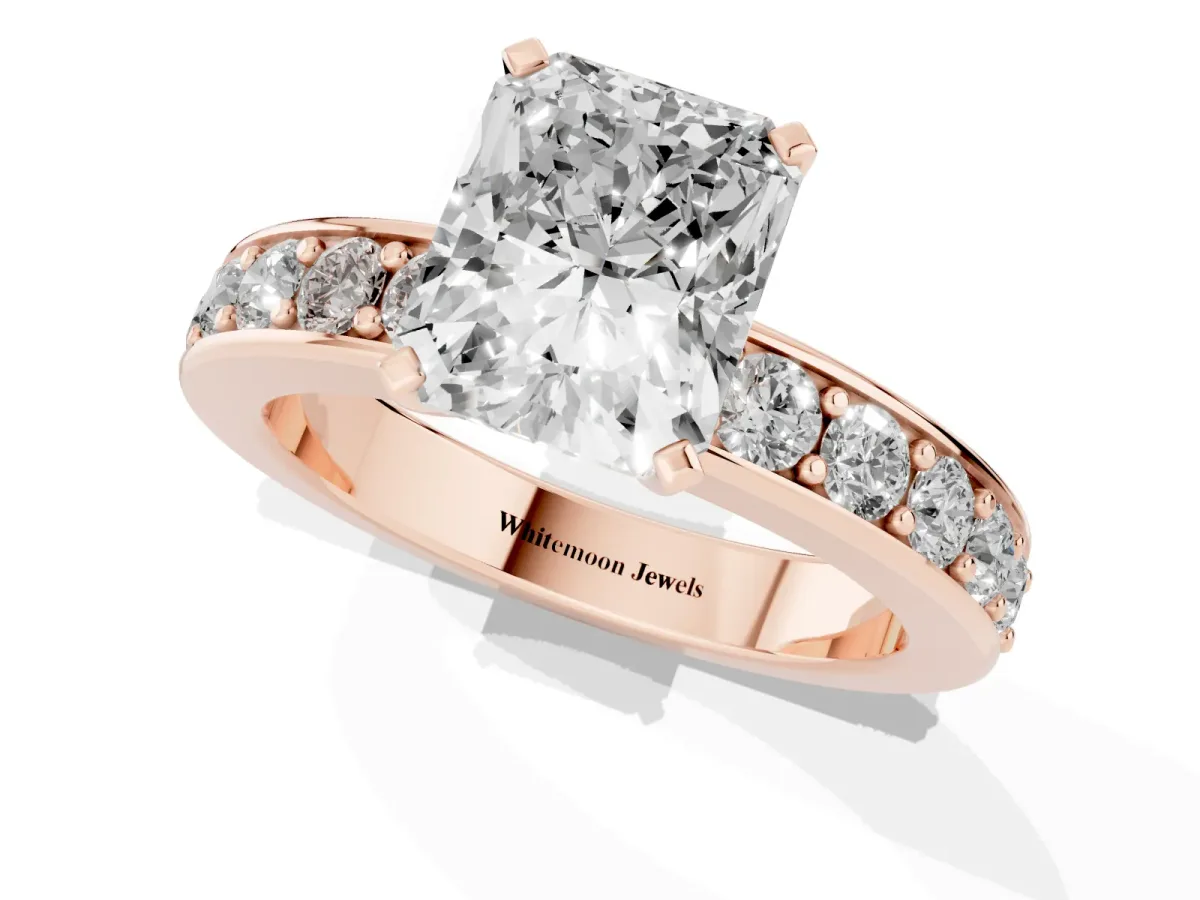 Radiant Cut Diamond Engagement Ring with Channel Set Round Band and Prong Setting Rose gold