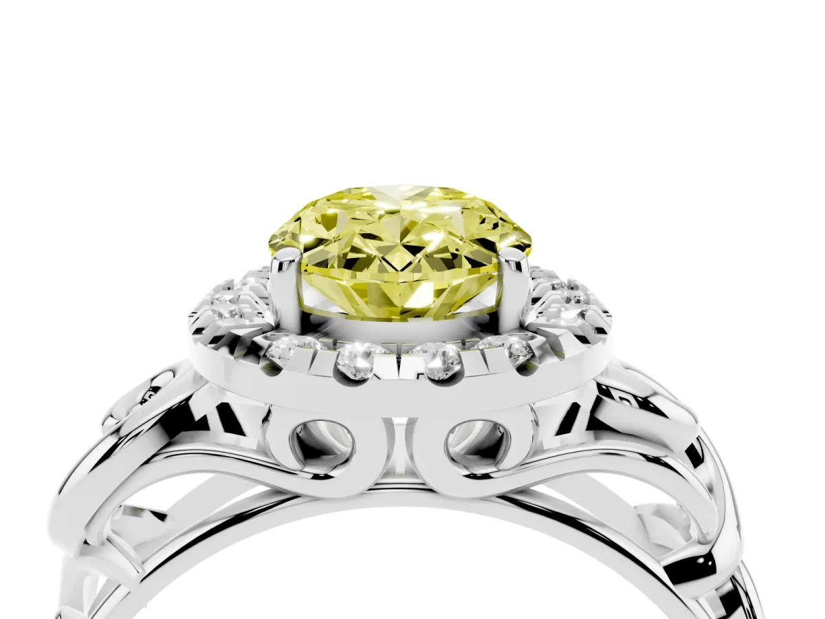 Fancy Yellow Oval Cut Cut Halo Diamond Ring with Scrollwork Band and Four-Prong Setting Silver