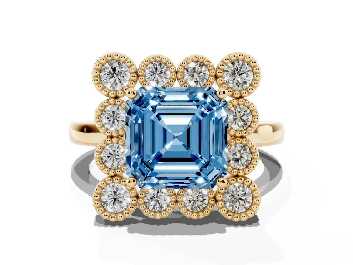 Fancy Blue Asscher Cut Halo Diamond Cluster Engagement Ring with Milgrain Bezel Setting and Solitaire Band Yellow gold