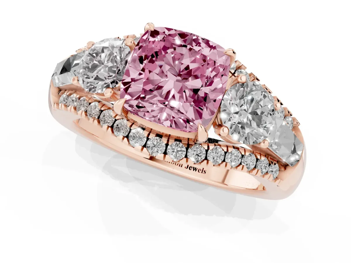 Fancy Pink Three-Stone Cushion Cut Diamond Engagement Ring with Pave Band and Prong Setting Rose gold