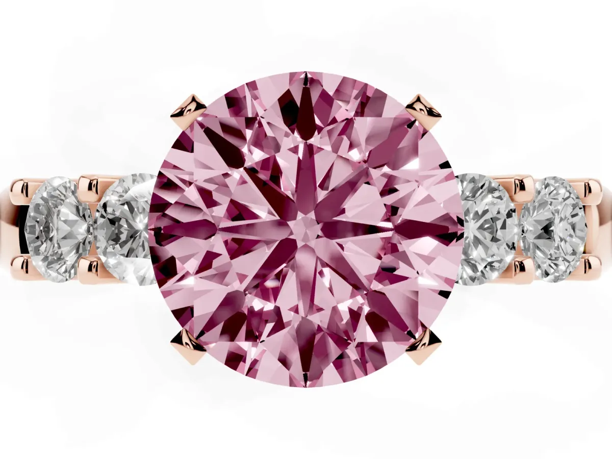 Fancy Pink Round Cut Brilliant Cut Diamond Five-Stone Prong Set Engagement Ring with Channel Band Rose gold