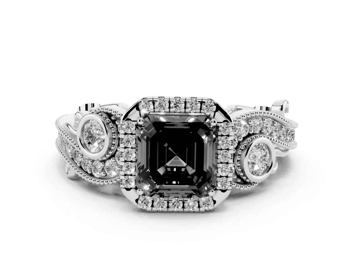 Fancy Black Asscher Cut Halo Diamond Ring with Milgrain and Bezel Accents on a Split Shank Band Platinum