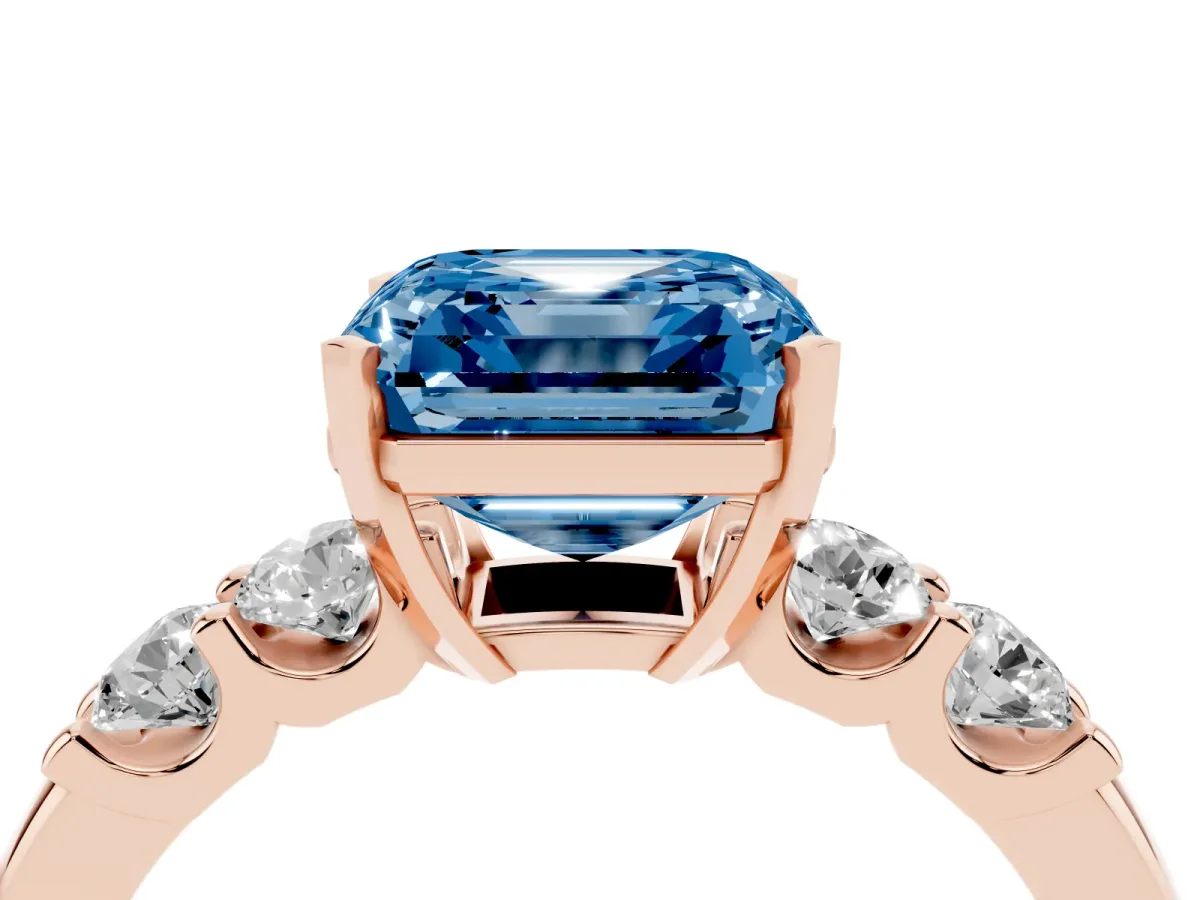 Fancy Blue Asscher Cut Brilliant Cut Diamond Five-Stone Prong Set Engagement Ring with Channel Band Rose gold