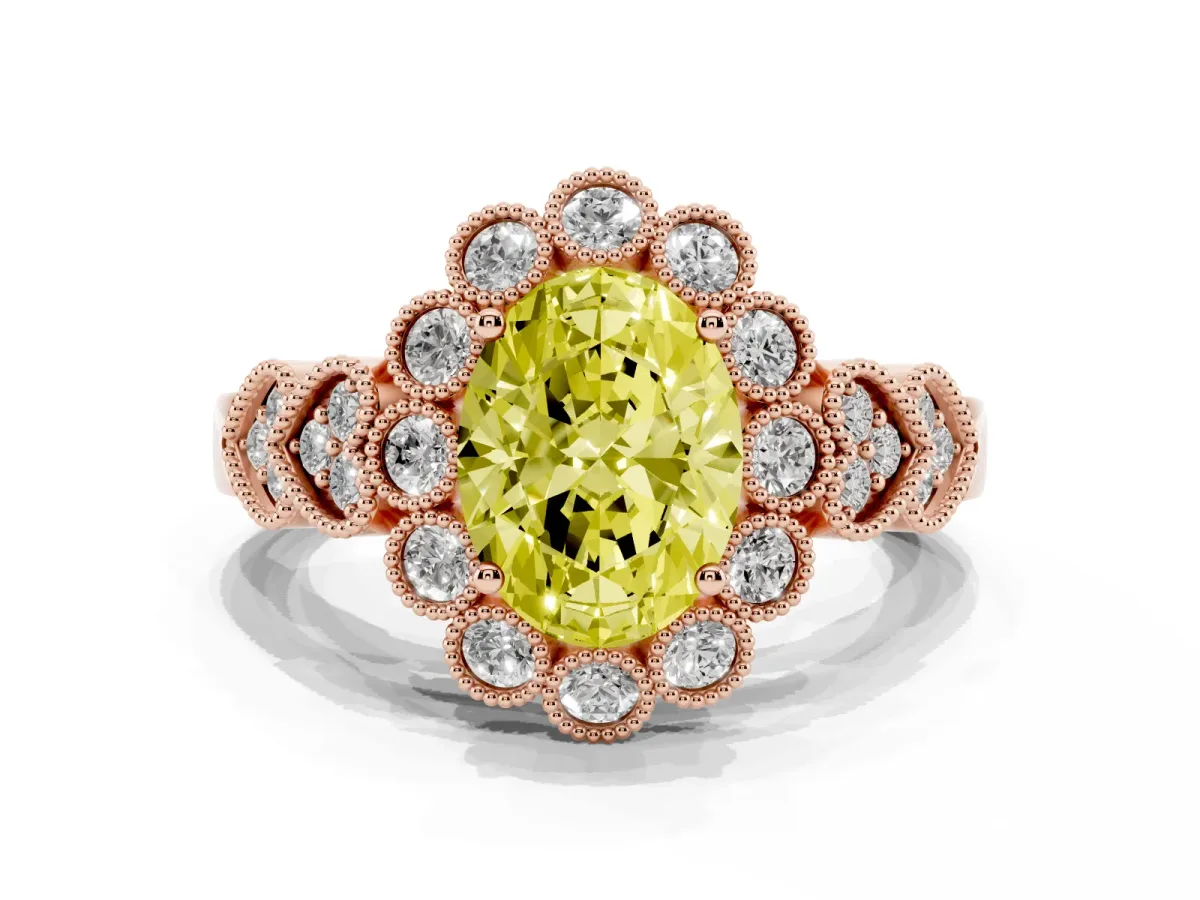 Fancy Yellow Oval Cut Brilliant Milgrain Pave Heart Band Solitaire Ring Rose gold