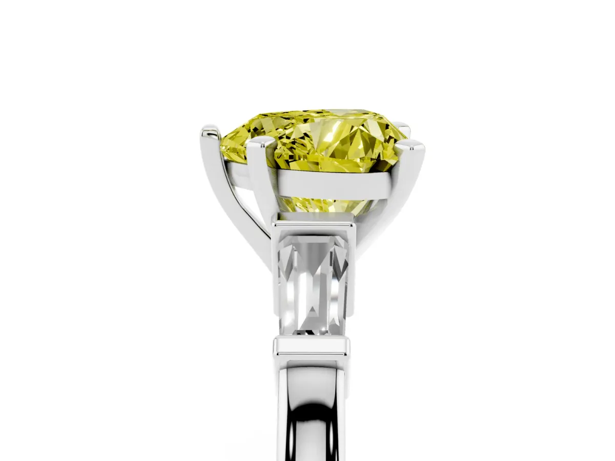 Fancy Yellow Heart Cut Cut Diamond Solitaire Ring with Tapered Baguette Accents and Four-Prong Setting Silver