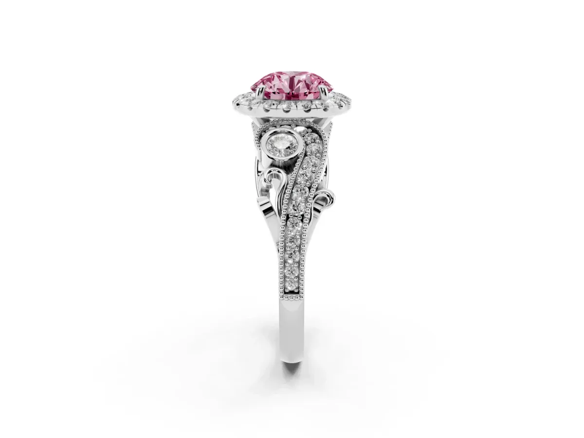 Fancy Pink Round Cut Halo Diamond Ring with Milgrain and Bezel Accents on a Split Shank Band White gold