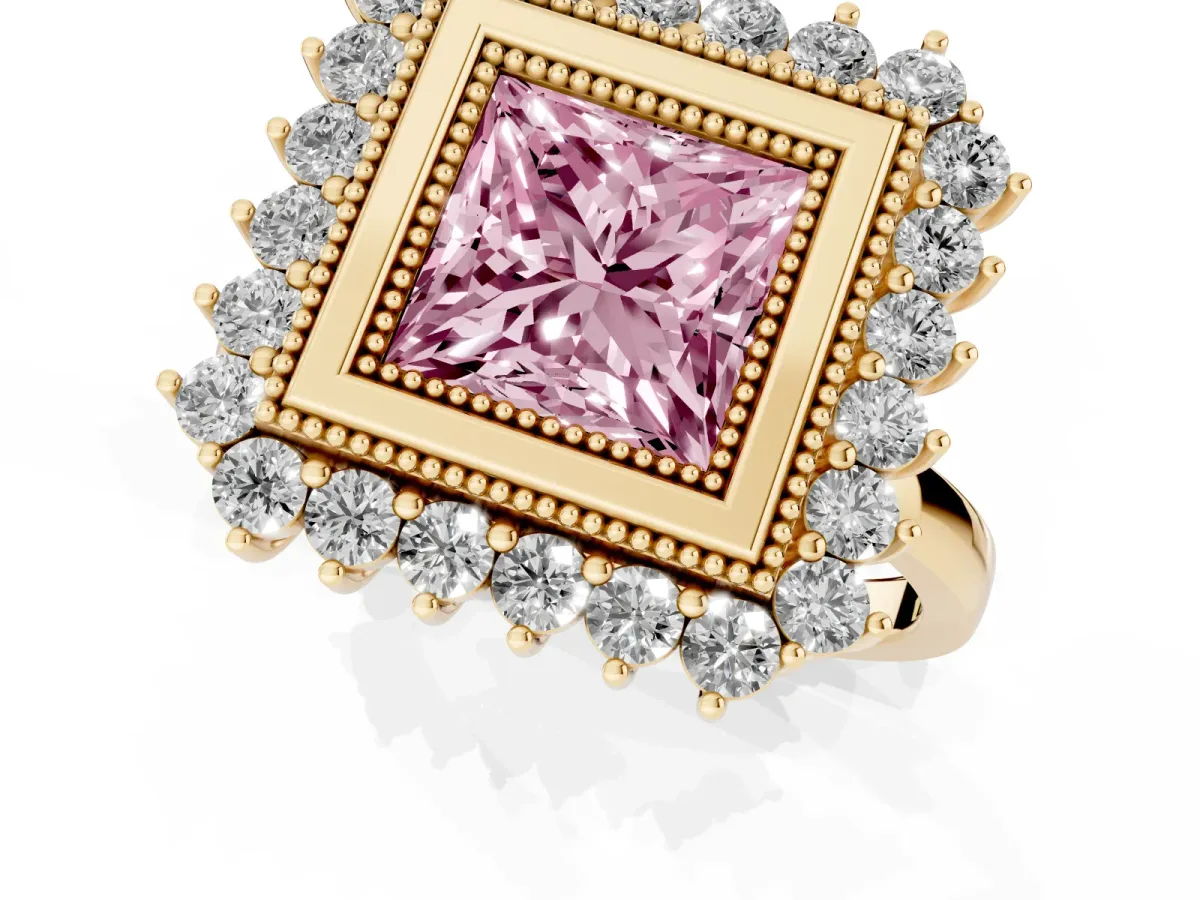 Fancy Pink Princess Cut Halo Diamond Ring with Milgrain Edge and Round Prong Setting Yellow gold