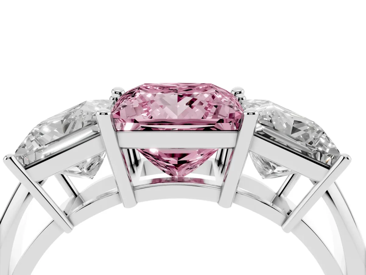 Fancy Pink Three-Stone Princess Cut Cut Diamond Engagement Ring with Prong Setting on a White Gold Band Platinum