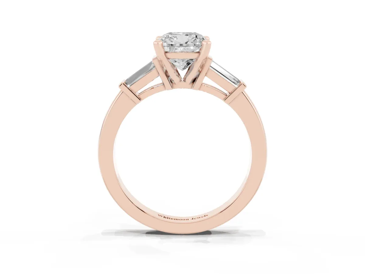 Cushion Cut Cut Diamond Solitaire Ring with Tapered Baguette Accents and Four-Prong Setting Rose gold