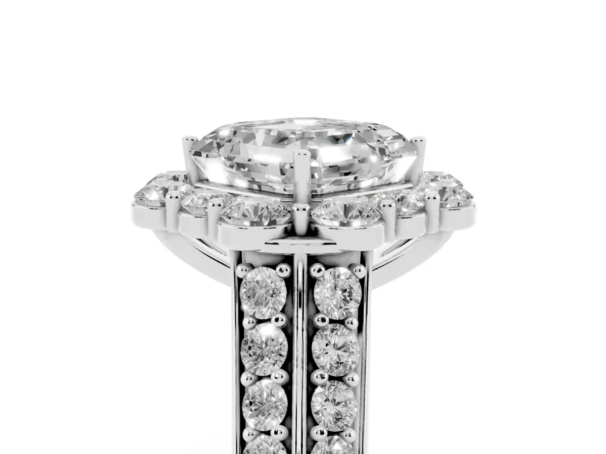 Asscher Cut Halo Diamond Engagement Ring with Split Shank and Prong Setting Silver