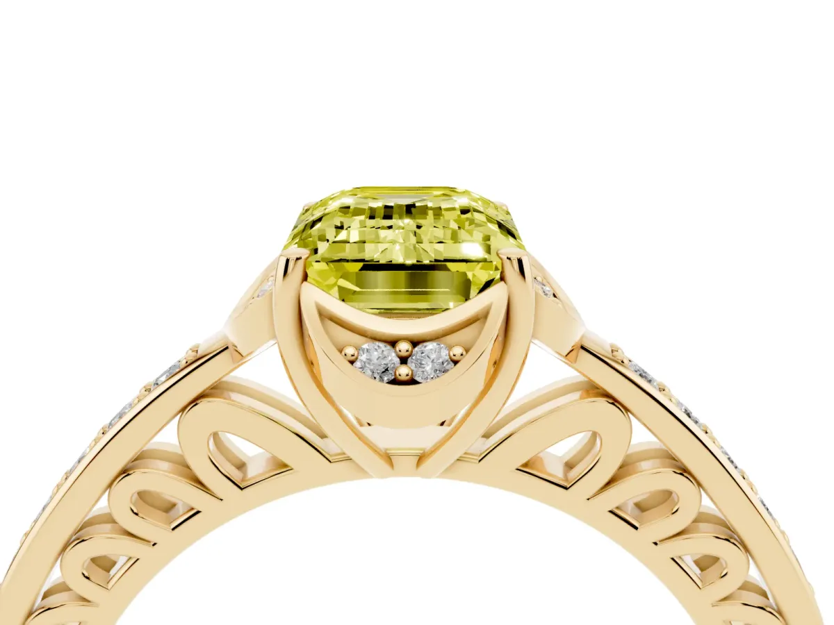 Fancy Yellow Emerald Cut Cut Halo Diamond Ring with Channel Set Band and Four-Prong Setting Yellow gold