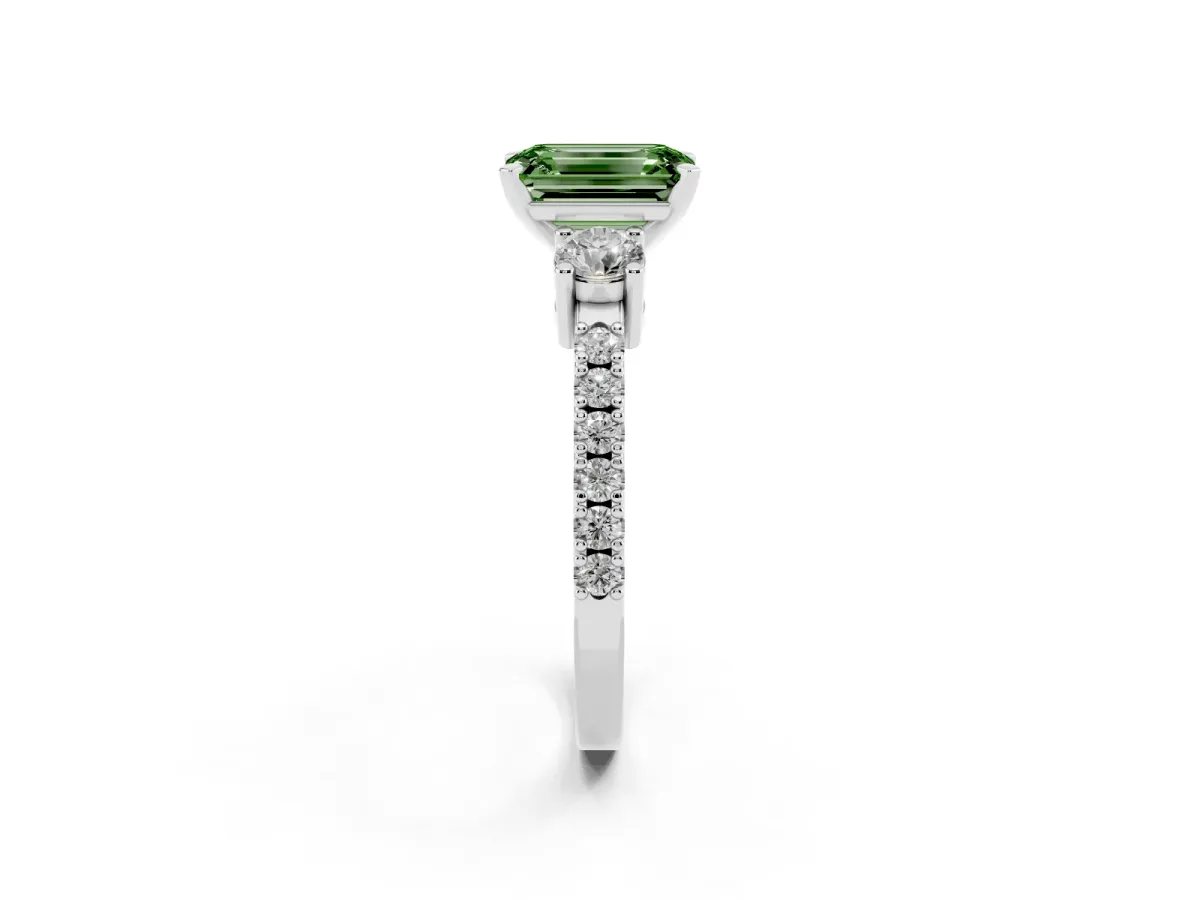 Fancy Green Emerald Cut Three-Stone Diamond Pavé Band with Prong Setting Platinum