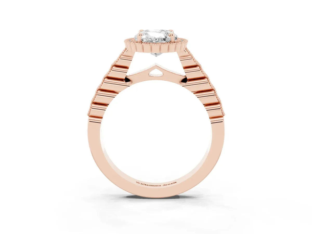 Oval Cut Cut Halo Pavé Solitaire Ring with Milgrain Band Rose gold
