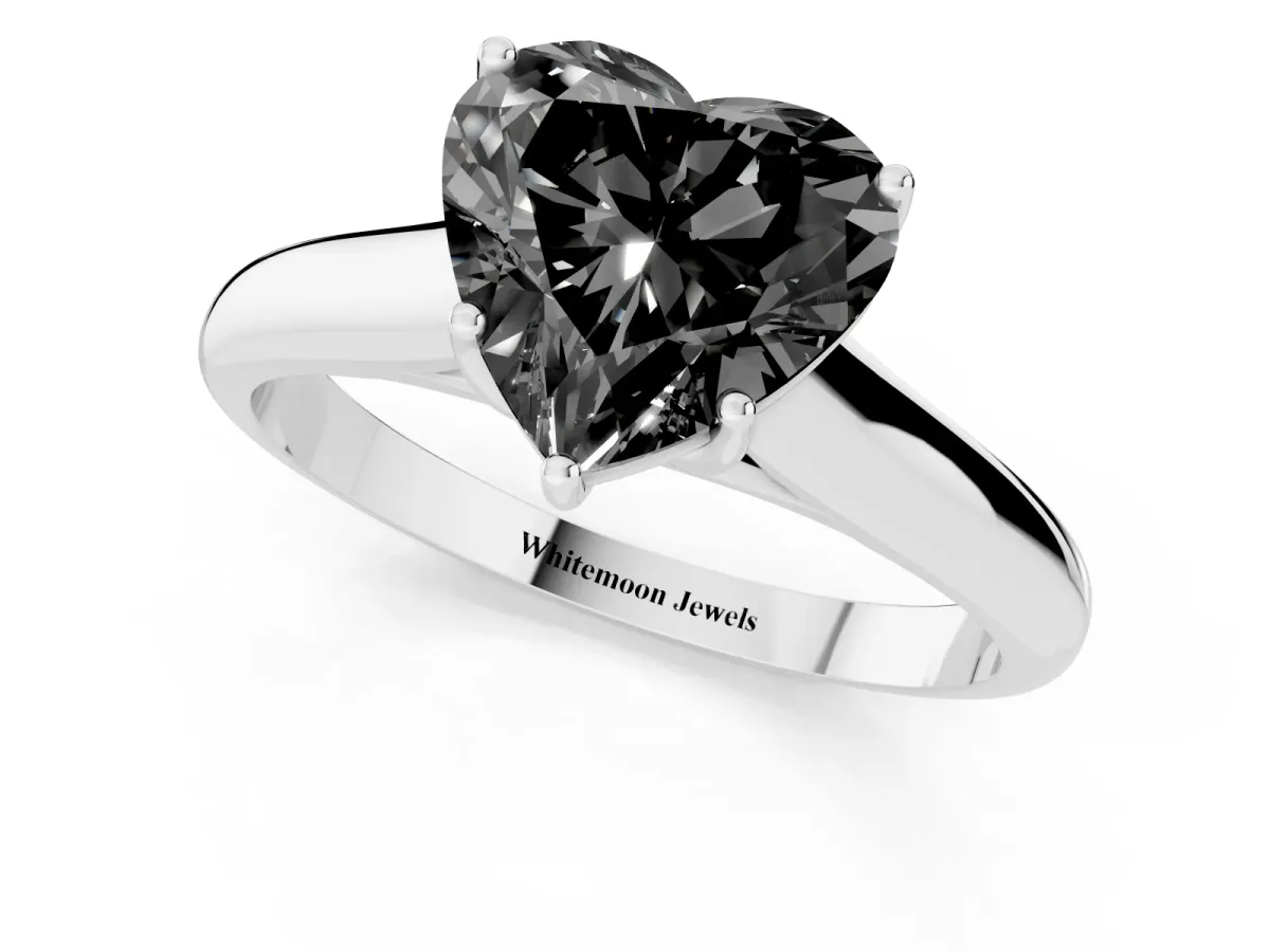 Fancy Black Heart Cut Cut Diamond Solitaire Engagement Ring with Tapered Plain Band and Four-Prong Setting Silver