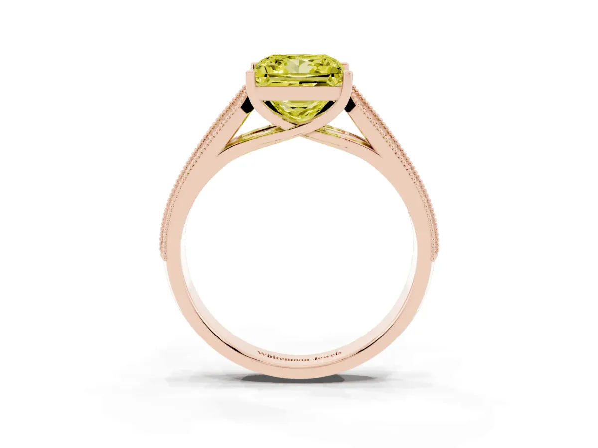 Fancy Yellow Princess Cut Cut Pave Split Shank Engagement Ring with Four-Prong Setting Rose gold