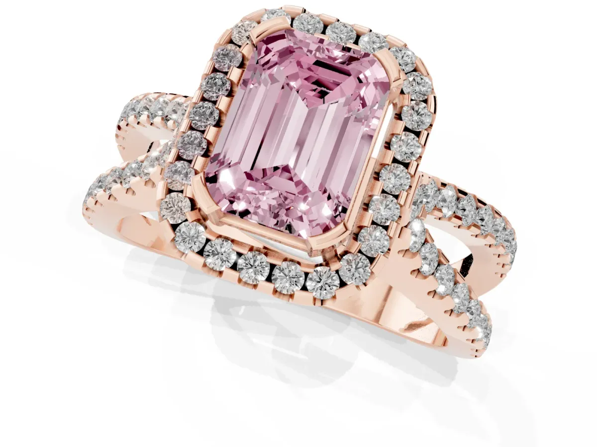 Fancy Pink Emerald Cut Diamond Halo Ring with Split Shank Pavé Band and Prong Setting Rose gold
