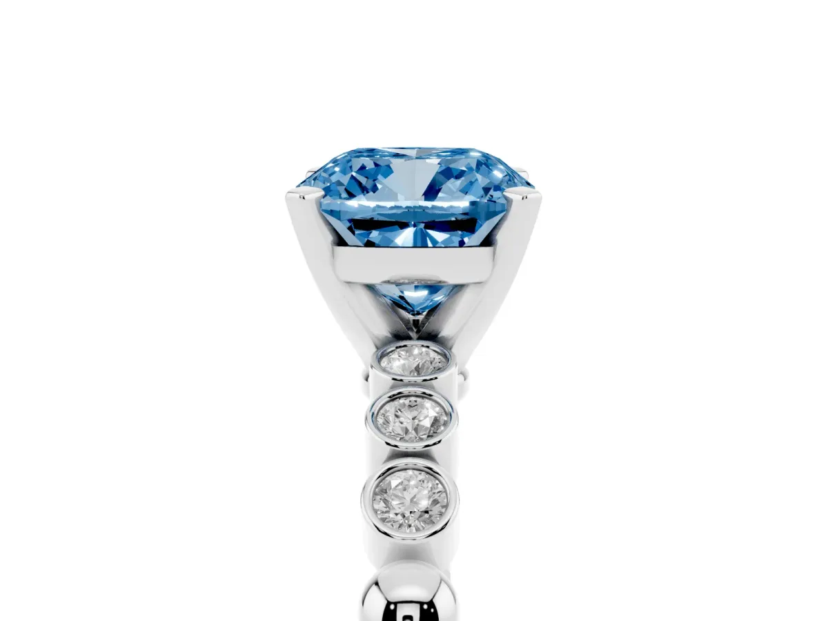 Fancy Blue Cushion Cut Solitaire Bezel Accent Diamond Engagement Ring with Beaded Band and Four-Prong Setting Silver