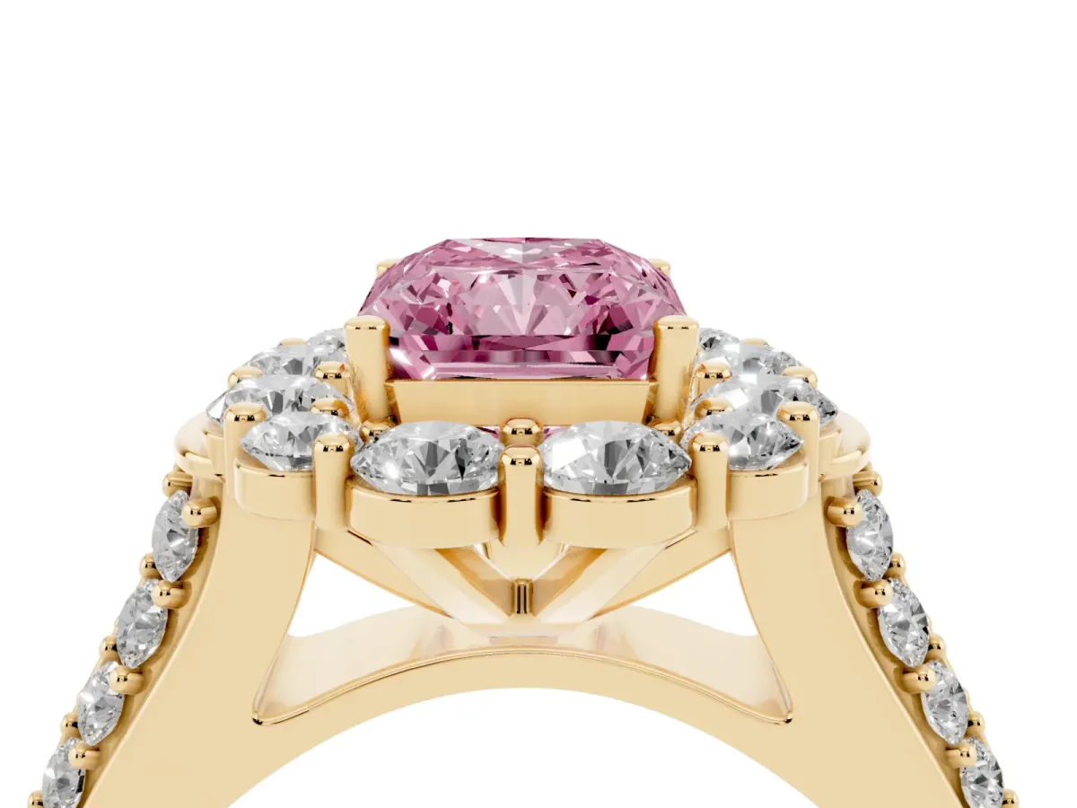 Fancy Pink Radiant Cut Halo Diamond Engagement Ring with Split Shank and Prong Setting Yellow gold