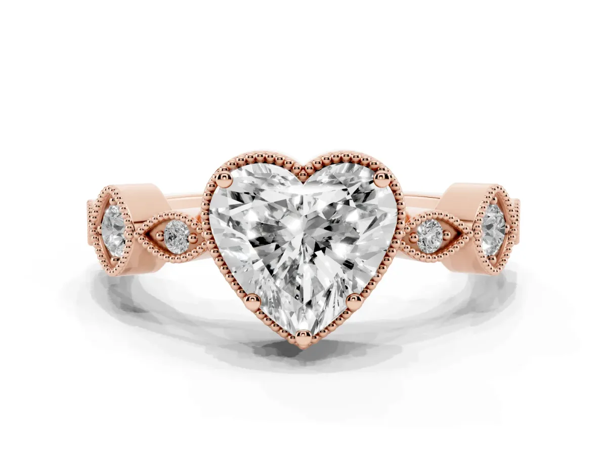 Heart Cut Diamond Vintage Milgrain Ring with Round Stations Rose gold