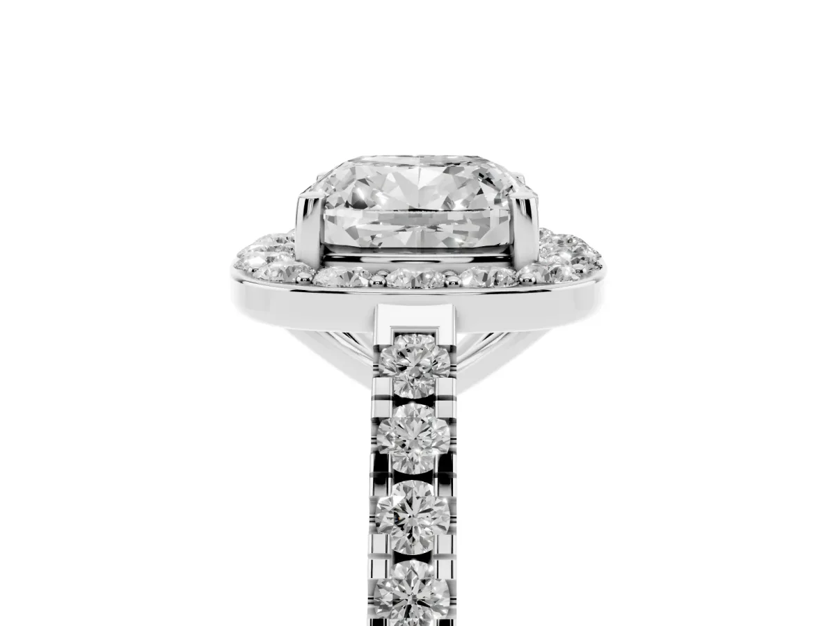 Cushion Cut Diamond Halo Ring with Round Pavé Split Shank and Prong Setting Silver