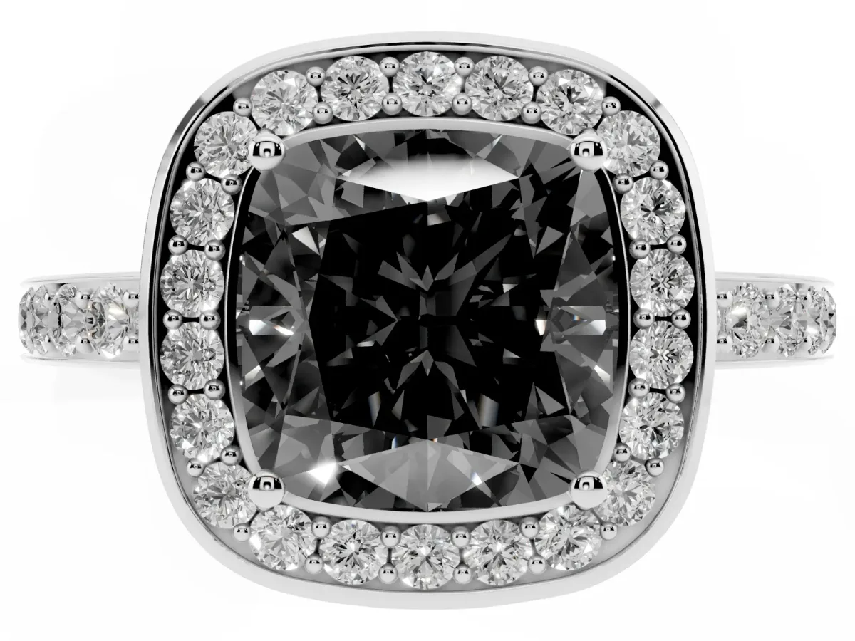 Fancy Black Cushion Cut Diamond Halo Ring with Bezel Frame and Pavé Band Silver