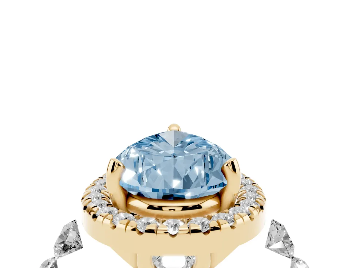 Fancy Blue Pear Cut Halo Pavé Diamond Engagement Ring with Four-Prong Setting Yellow gold