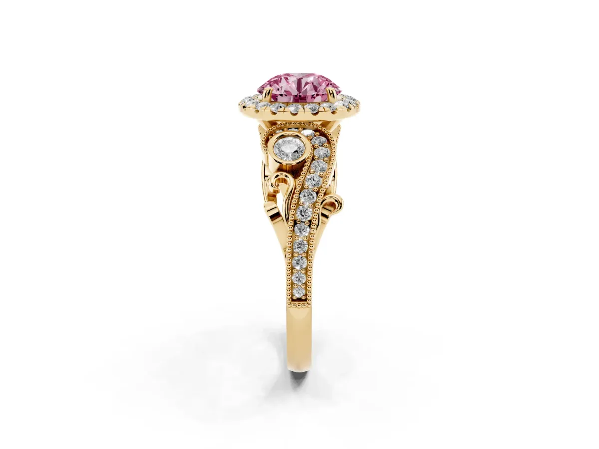 Fancy Pink Round Cut Diamond Halo Ring with Milgrain Pavé Band and Four-Prong Setting Yellow gold