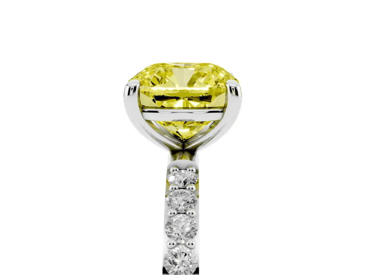 Fancy Yellow Cushion Cut Diamond Solitaire Ring with Round Pavé Band and Prong Setting Silver