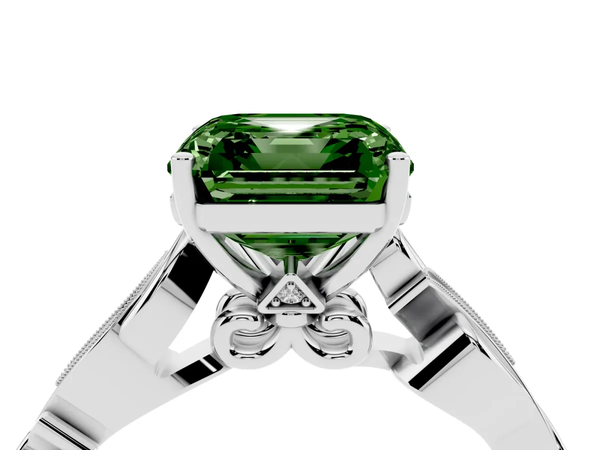 Fancy Green Asscher Cut Solitaire Vine Band with Milgrain Prong Setting Silver