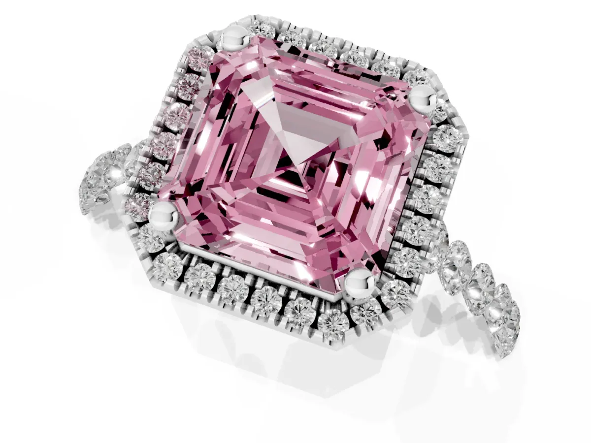Fancy Pink Asscher Cut Halo Pavé Diamond Engagement Ring with Four-Prong Setting Platinum