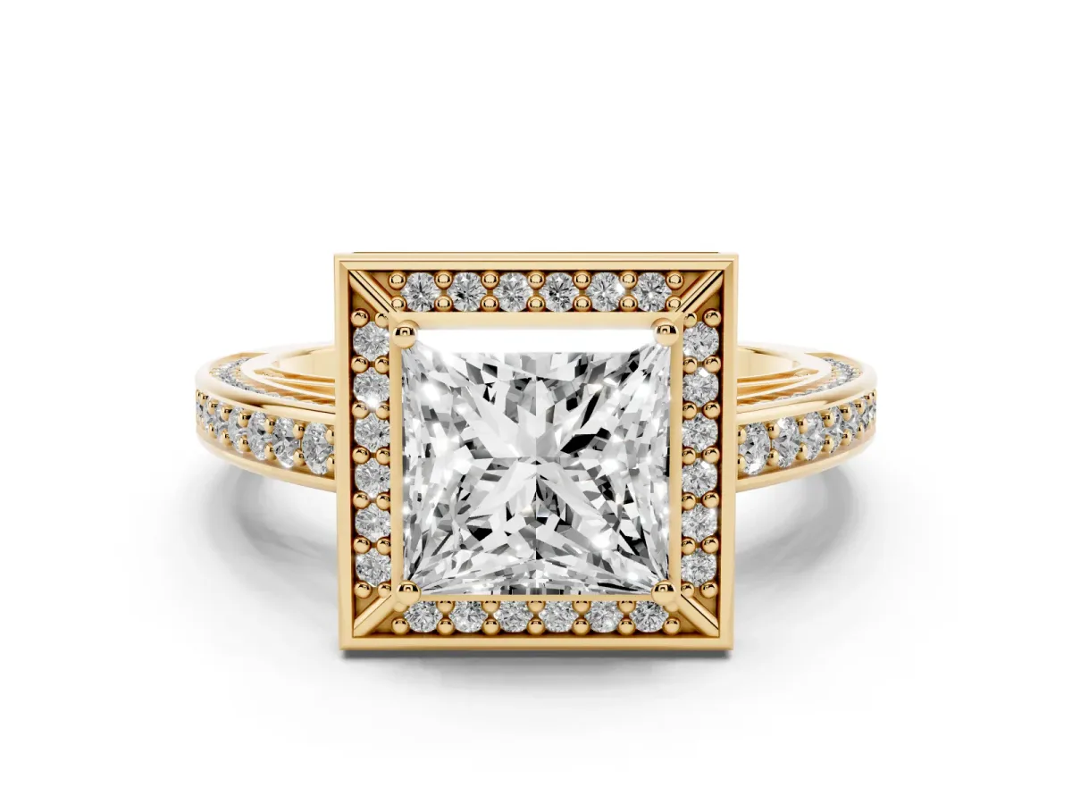 Princess Cut Cut Halo Pave Split Shank Prong Setting Ring Yellow gold