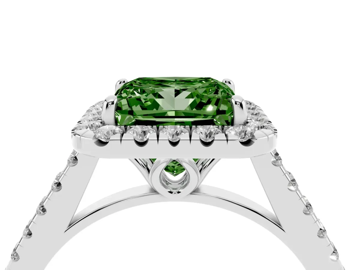 Fancy Green Princess Cut Halo Pavé Diamond Engagement Ring with Four-Prong Setting Silver