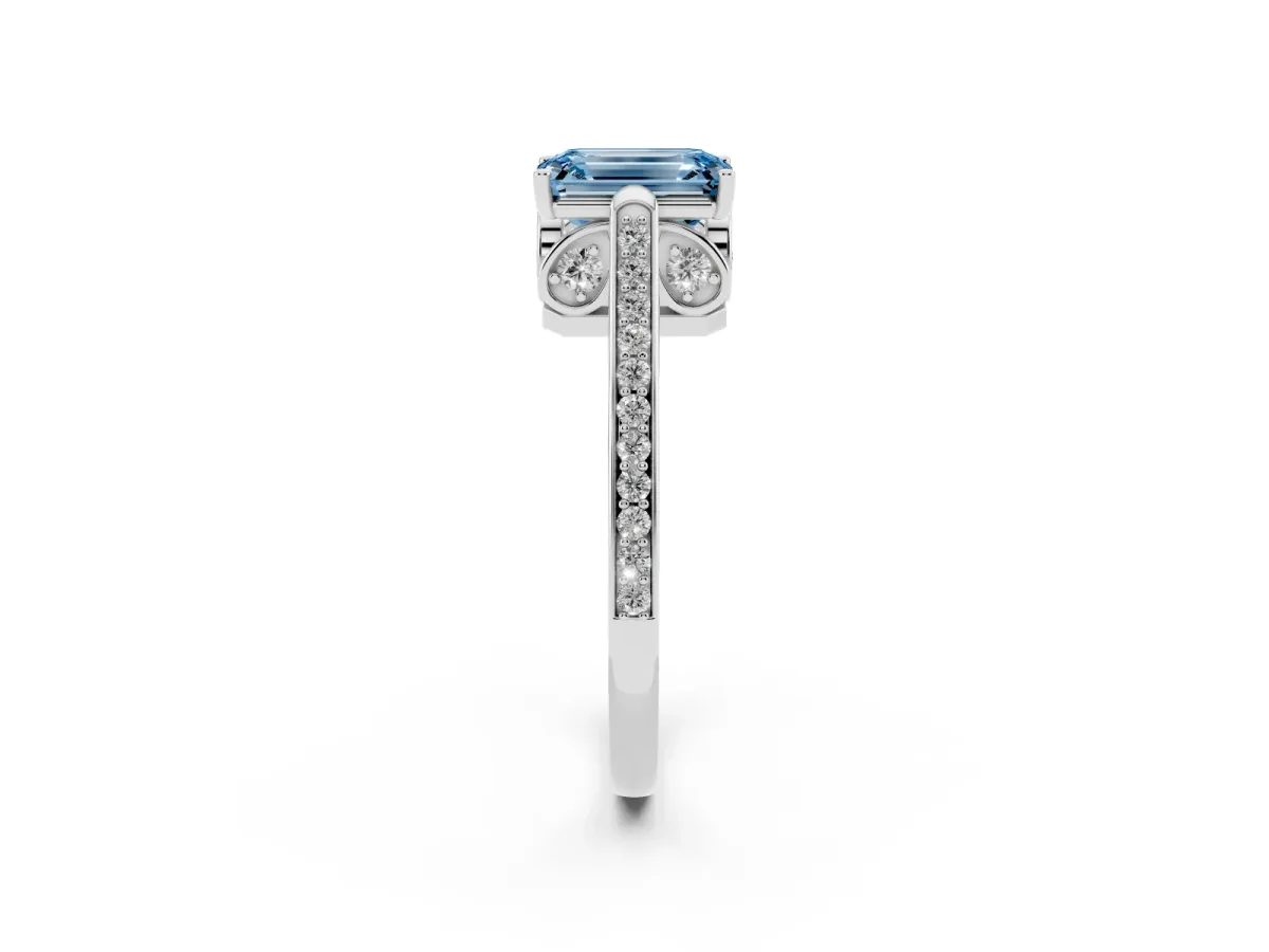 Fancy Blue Emerald Cut Cut Cathedral Pave Diamond Engagement Ring with Six-Prong Setting Platinum