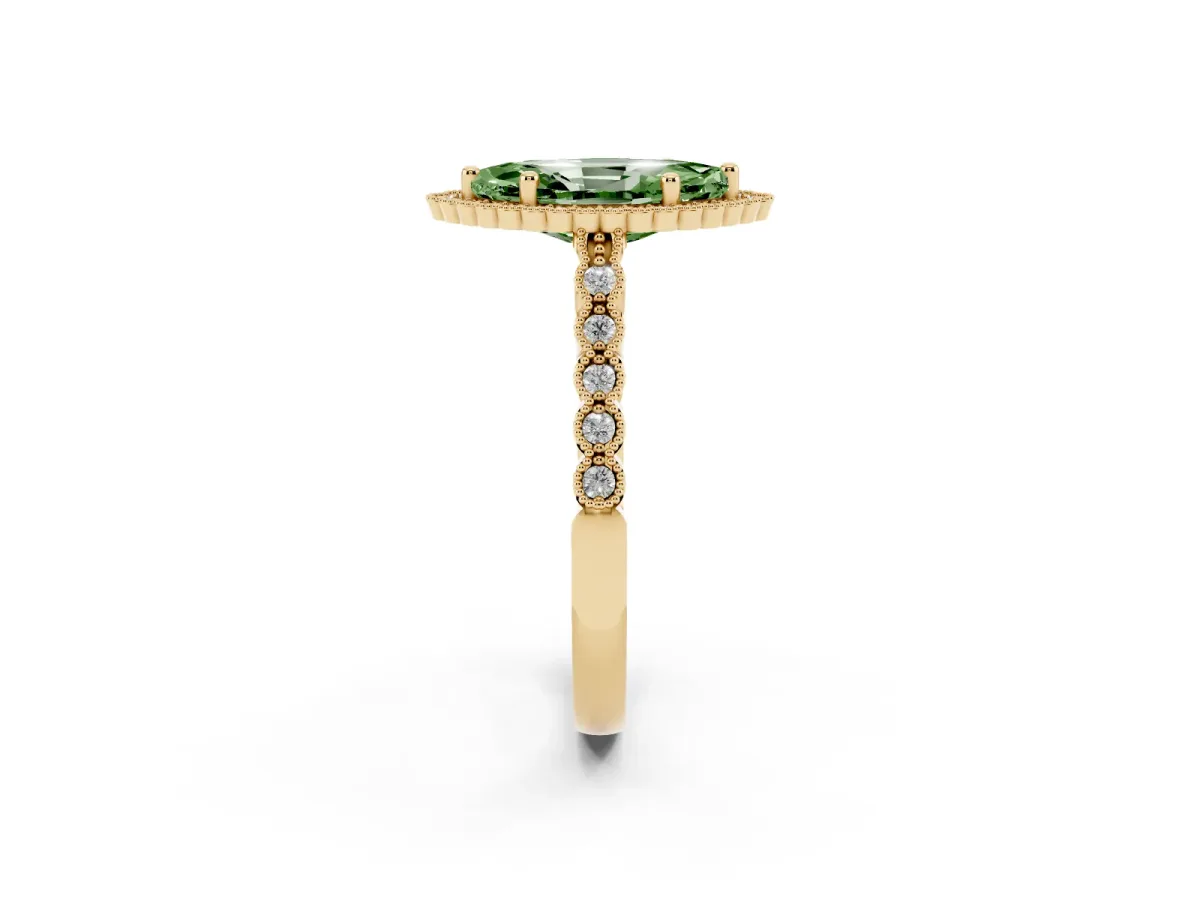 Fancy Green Marquise Cut Cut Halo Pavé Solitaire Ring with Milgrain Band Yellow gold