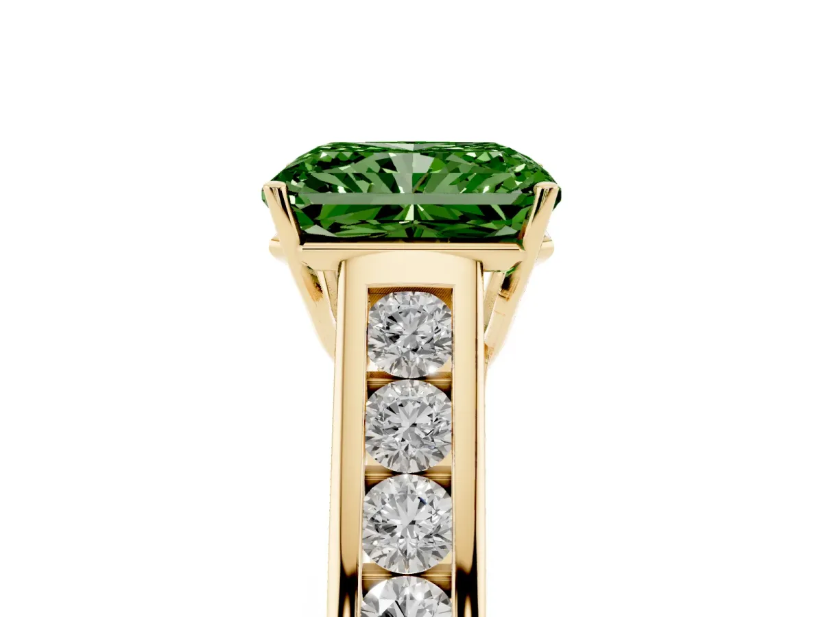 Fancy Green Radiant Cut Brilliant Channel-Set Solitaire Ring with Four-Prong Setting Yellow gold