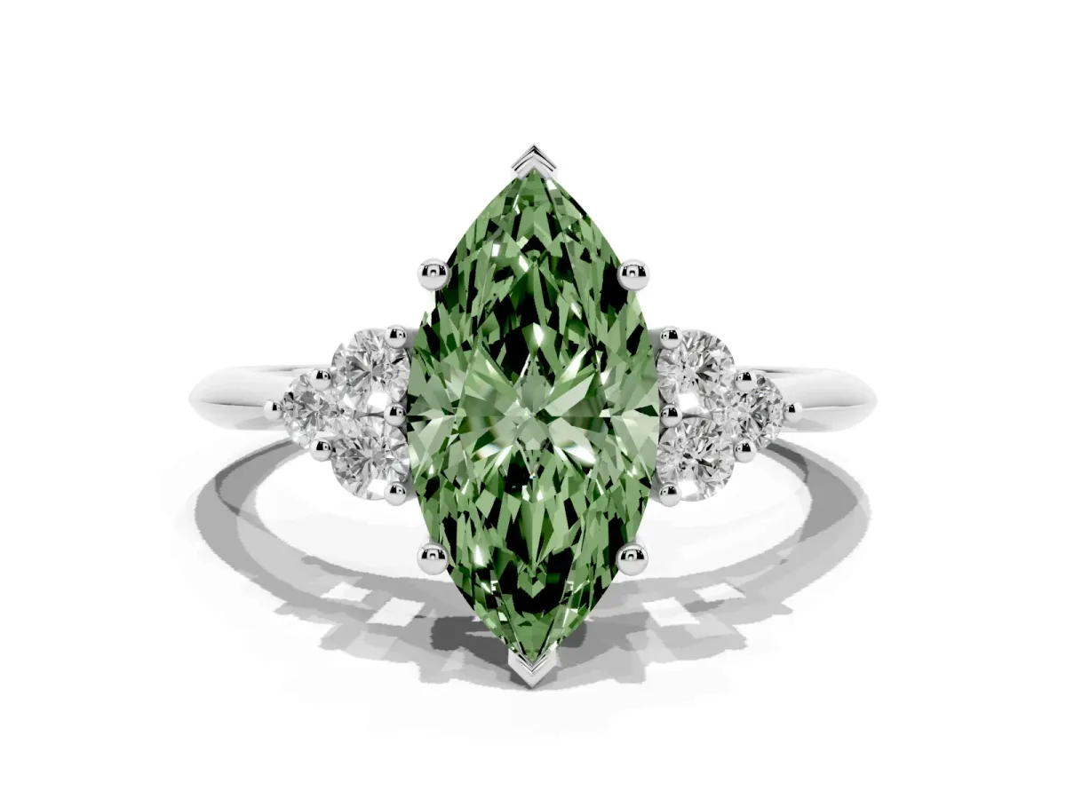 Fancy Green Marquise Cut Cut Diamond Cluster Ring with Solitaire Band and Four-Prong Setting Silver
