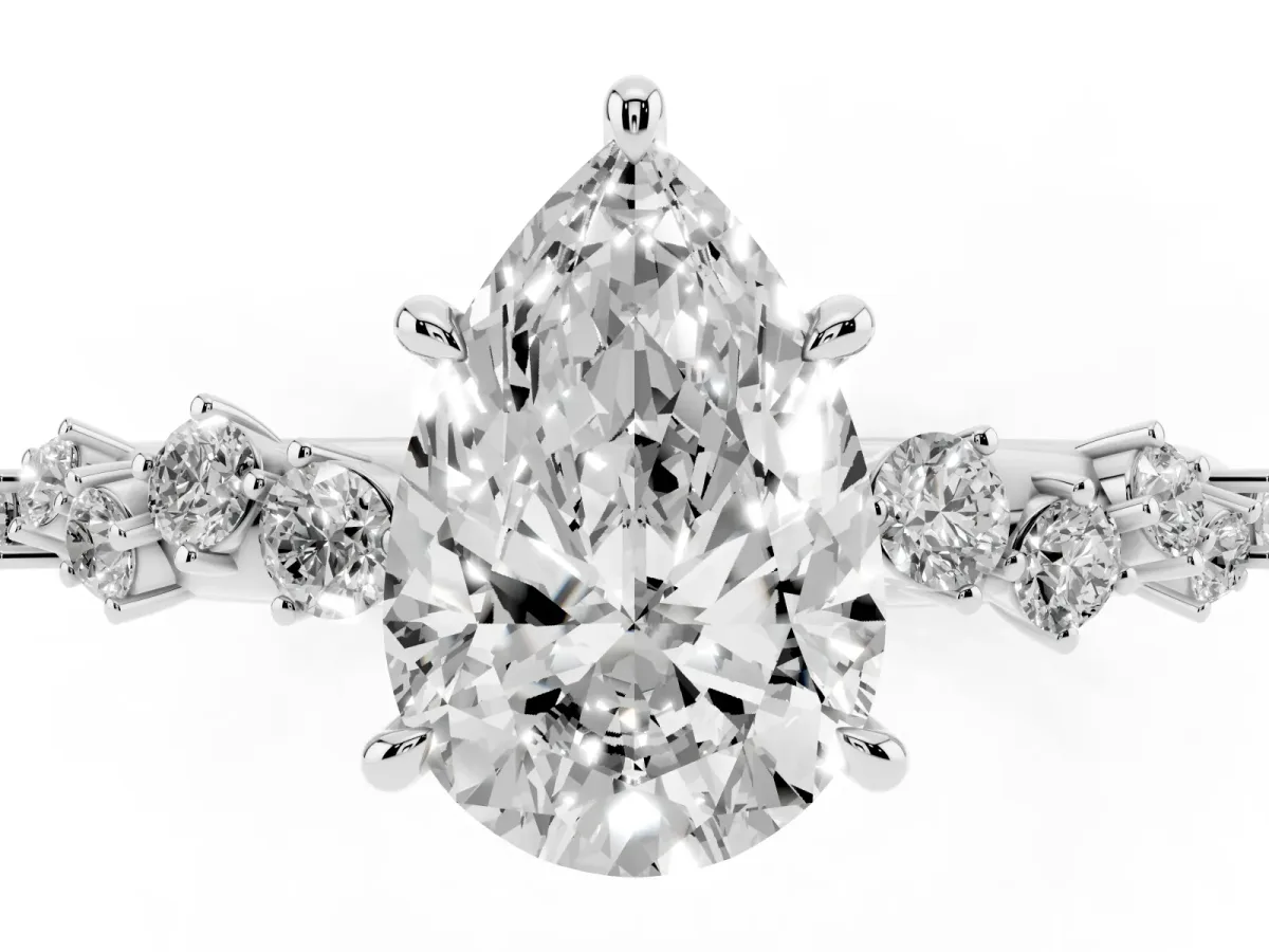 Pear Cut Diamond Cluster Side Stone Solitaire Ring with Prong Setting Silver