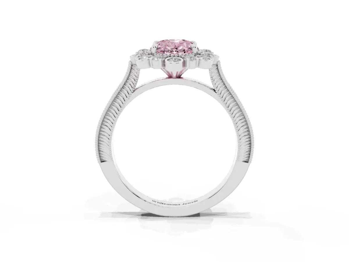 Fancy Pink Oval Cut Halo Milgrain Pave Diamond Ring with Four-Prong Setting Silver