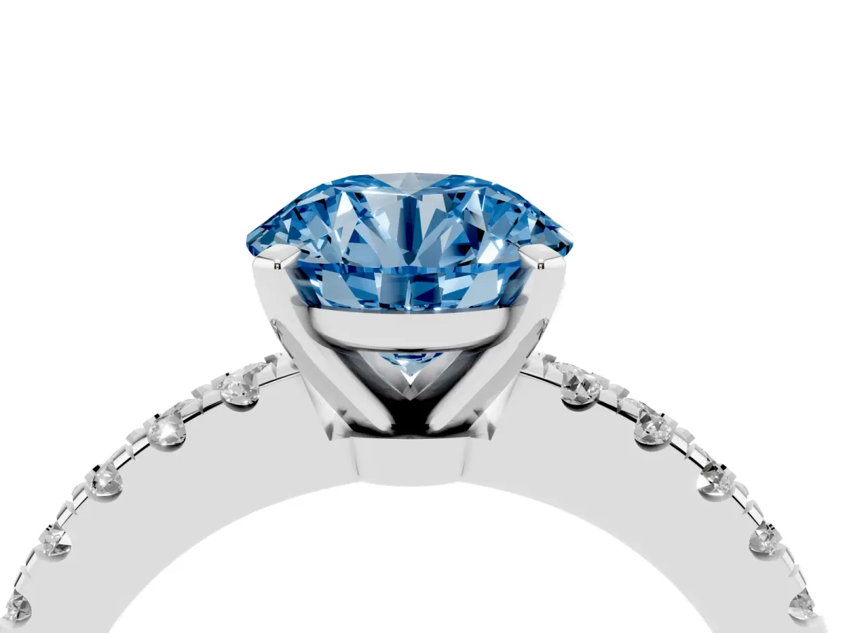 Fancy Blue Round Cut Solitaire Diamond with Pavé Band and Four-Prong Setting Silver