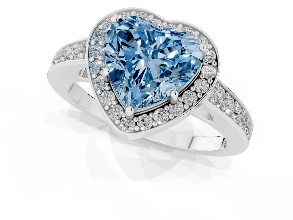 Fancy Blue Heart Cut Halo Pavé Diamond Engagement Ring with Bezel Setting Platinum
