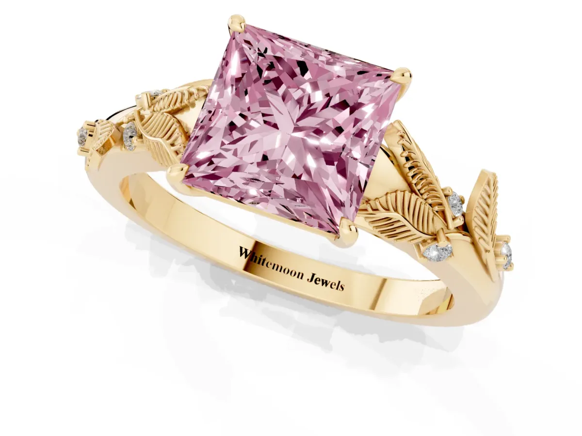 Fancy Pink Princess Cut Diamond Solitaire Ring with Leaf Motif Band and Four-Prong Setting Yellow gold